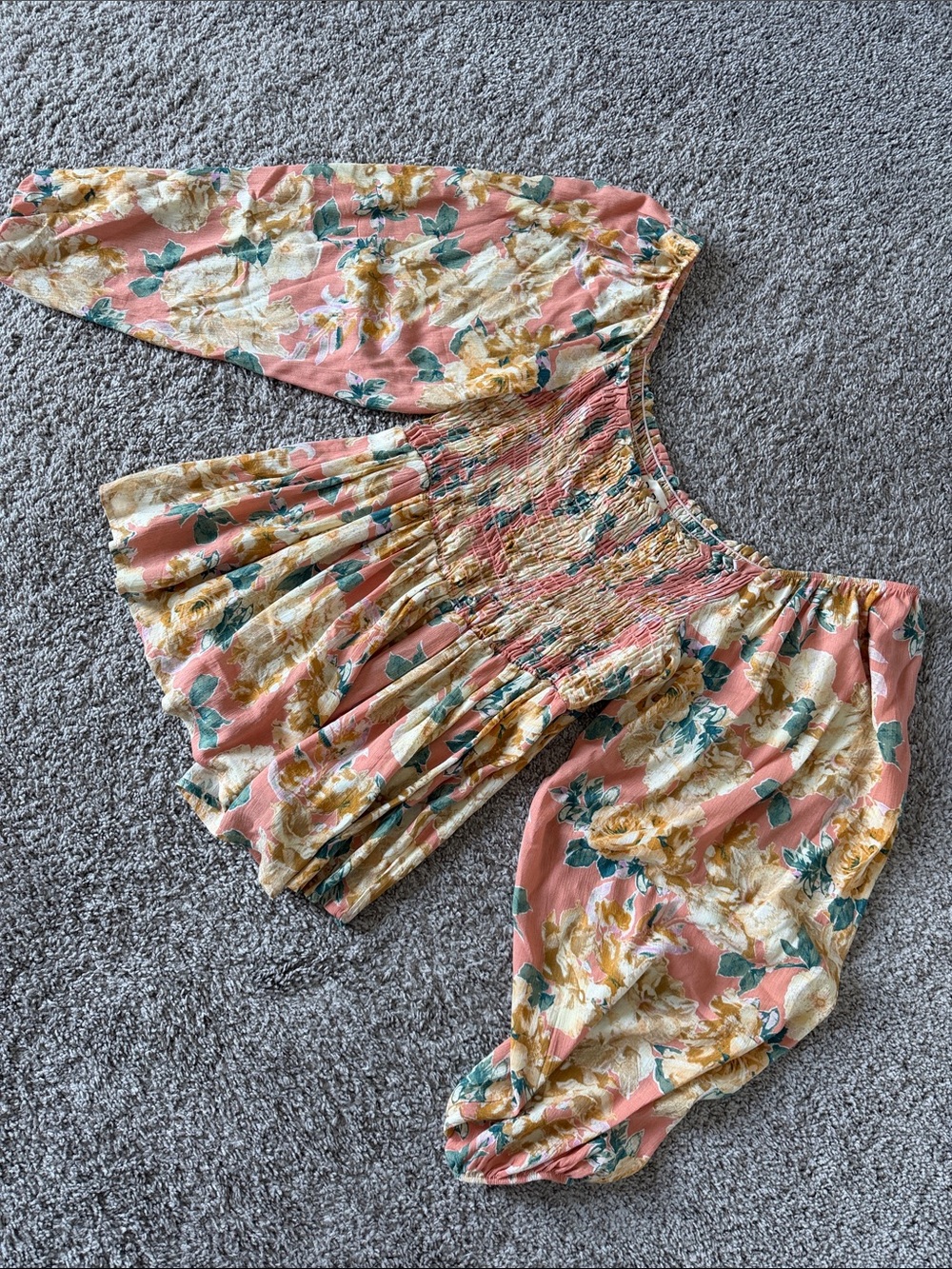 BiBi Smocked Floral Off-Shoulder Top - Coral, Mustard & Teal